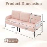Dimensions of a pink sofa with measurement labels on a white background