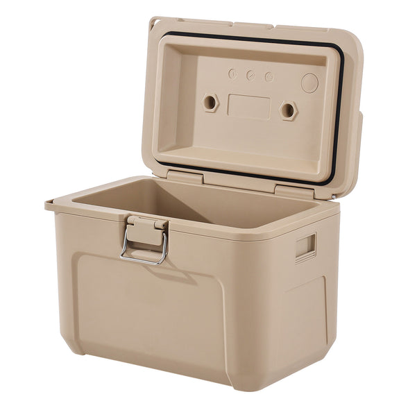 Beige cooler box with open lid on a white background