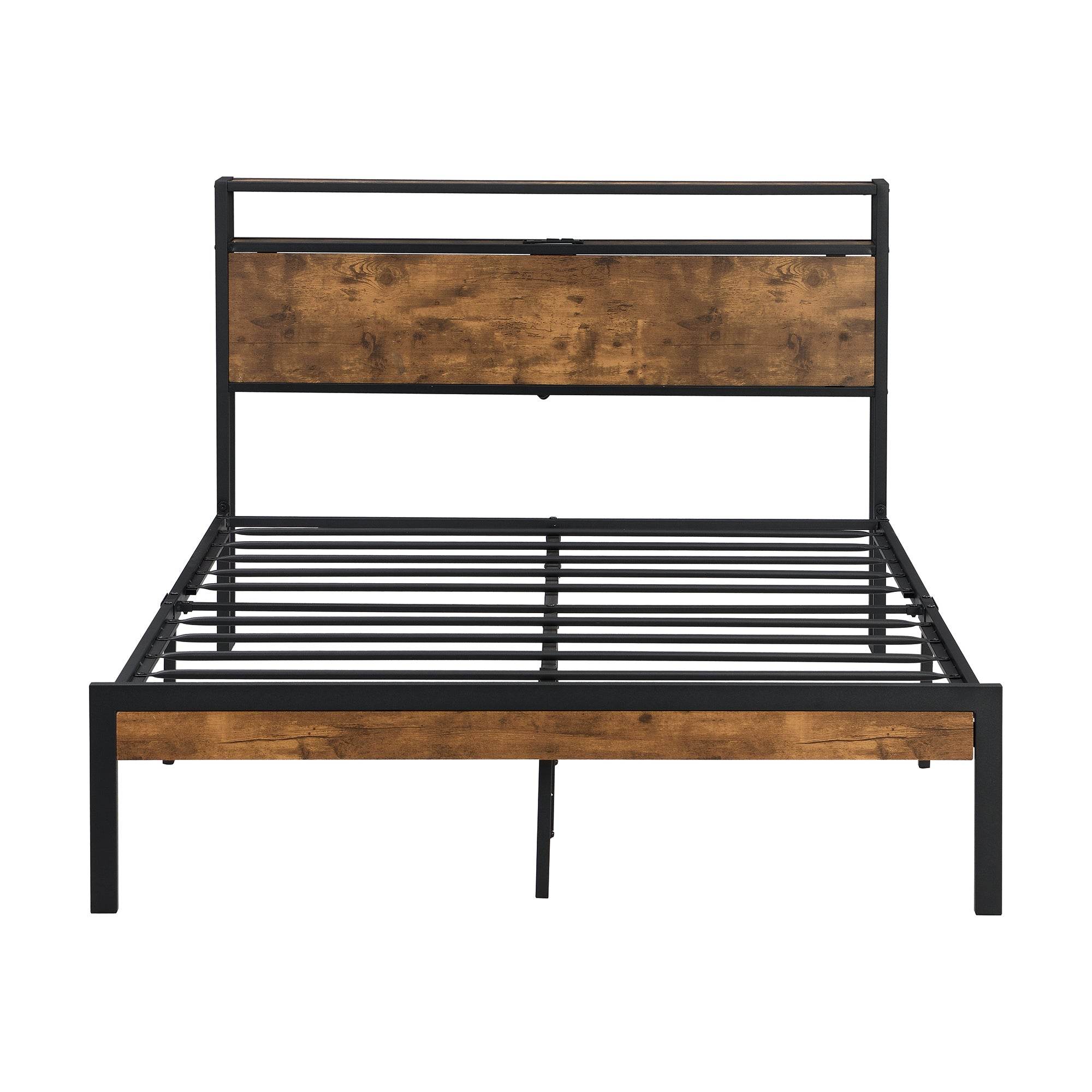 Queen Size Metal Platform Bed Frame with Wooden Headboard and Footboard with USB LINER, No Box Spring Needed, Large Under Bed Storage