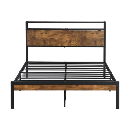 Queen Size Metal Platform Bed Frame with Wooden Headboard and Footboard with USB LINER, No Box Spring Needed, Large Under Bed Storage