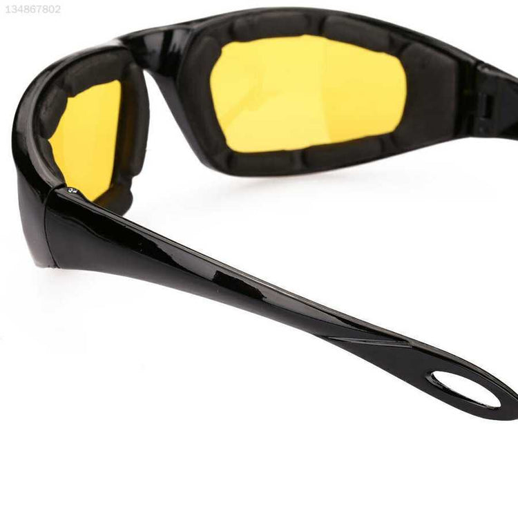 Black sunglasses with yellow lenses on a white background