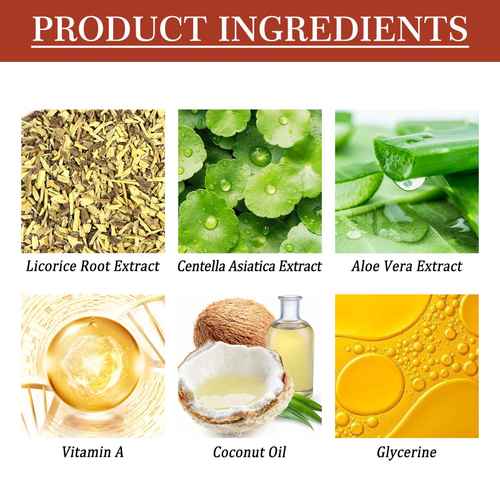 Product ingredients graphic with six labeled panels: Licorice Root Extract, Centella Asiatica Extract, Aloe Vera Extract, Vitamin A, Coconut Oil, and Glycerine, shown with ingredient photos and a red header reading PRODUCT INGREDIENTS.