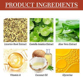 Product ingredients graphic with six labeled panels: Licorice Root Extract, Centella Asiatica Extract, Aloe Vera Extract, Vitamin A, Coconut Oil, and Glycerine, shown with ingredient photos and a red header reading PRODUCT INGREDIENTS.