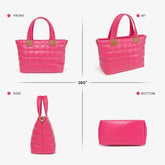 Pink quilted handbag shown from multiple angles on a white background