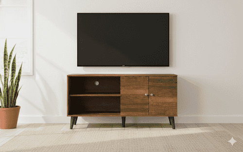 Living room setup with a wooden TV stand, mounted flat-screen TV, decorative plant, and a cozy beige rug, emphasizing mid-century design.