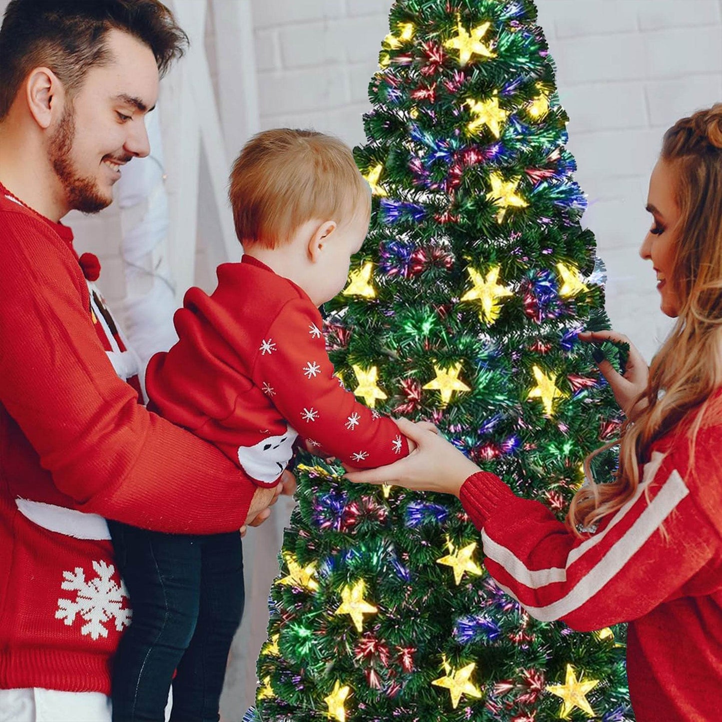 6FT Pre-lit Fiber Optic Christmas Tree with Large Stars, Artificial Christmas Tree Spruce Tree Color Changing Optical Fiber Lights,with Metal Stand,Full Tree for Holiday Decoration