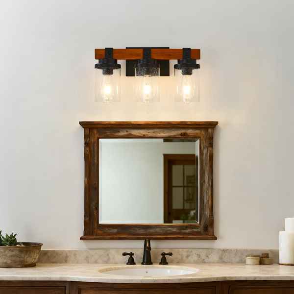 Bathroom vanity with wooden mirror and light fixture on a white wall.