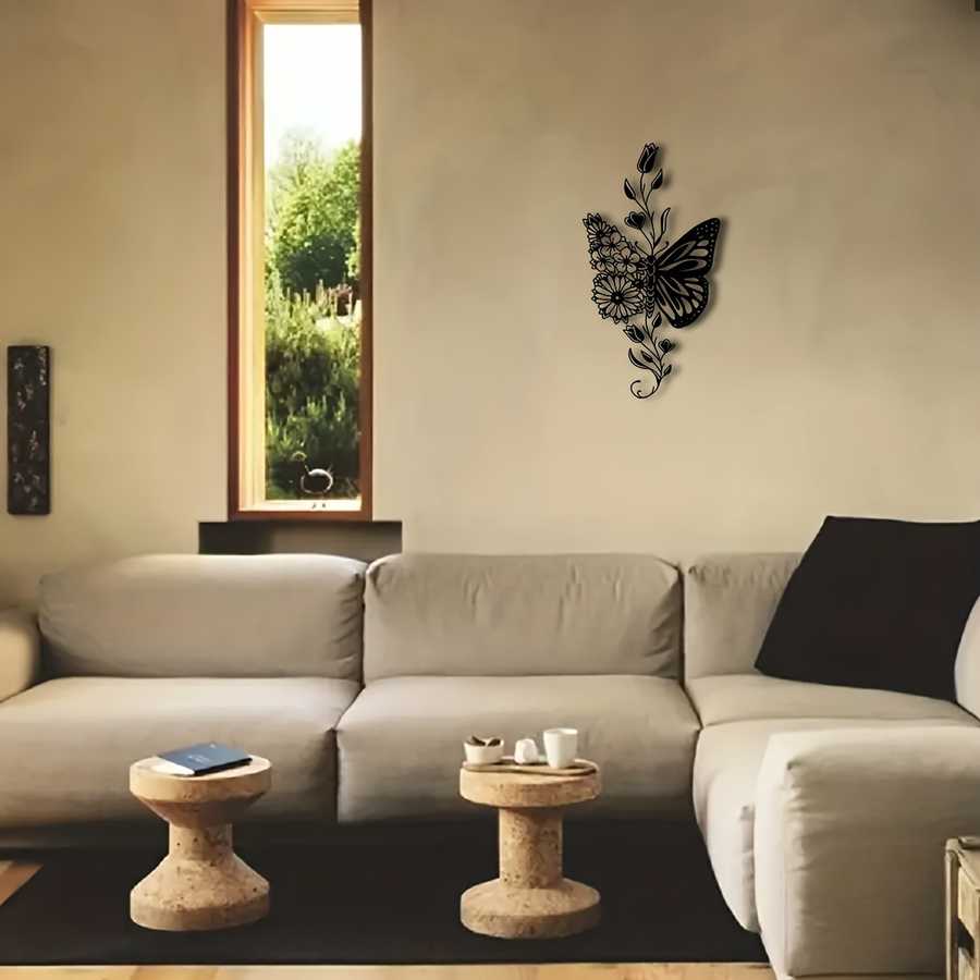 Decorative aluminum butterfly wall art displayed in a neutral-toned living room, adding a rustic charm to farmhouse decor.
