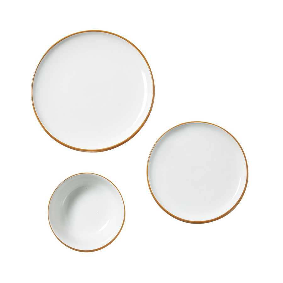 12 PCS Dinnerware Set - Ceramic Dinnerware Set for 4 featuring three white plates and bowls with a golden rim, ideal for modern dining.