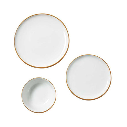 12 PCS Dinnerware Set - Ceramic Dinnerware Set for 4 featuring three white plates and bowls with a golden rim, ideal for modern dining.