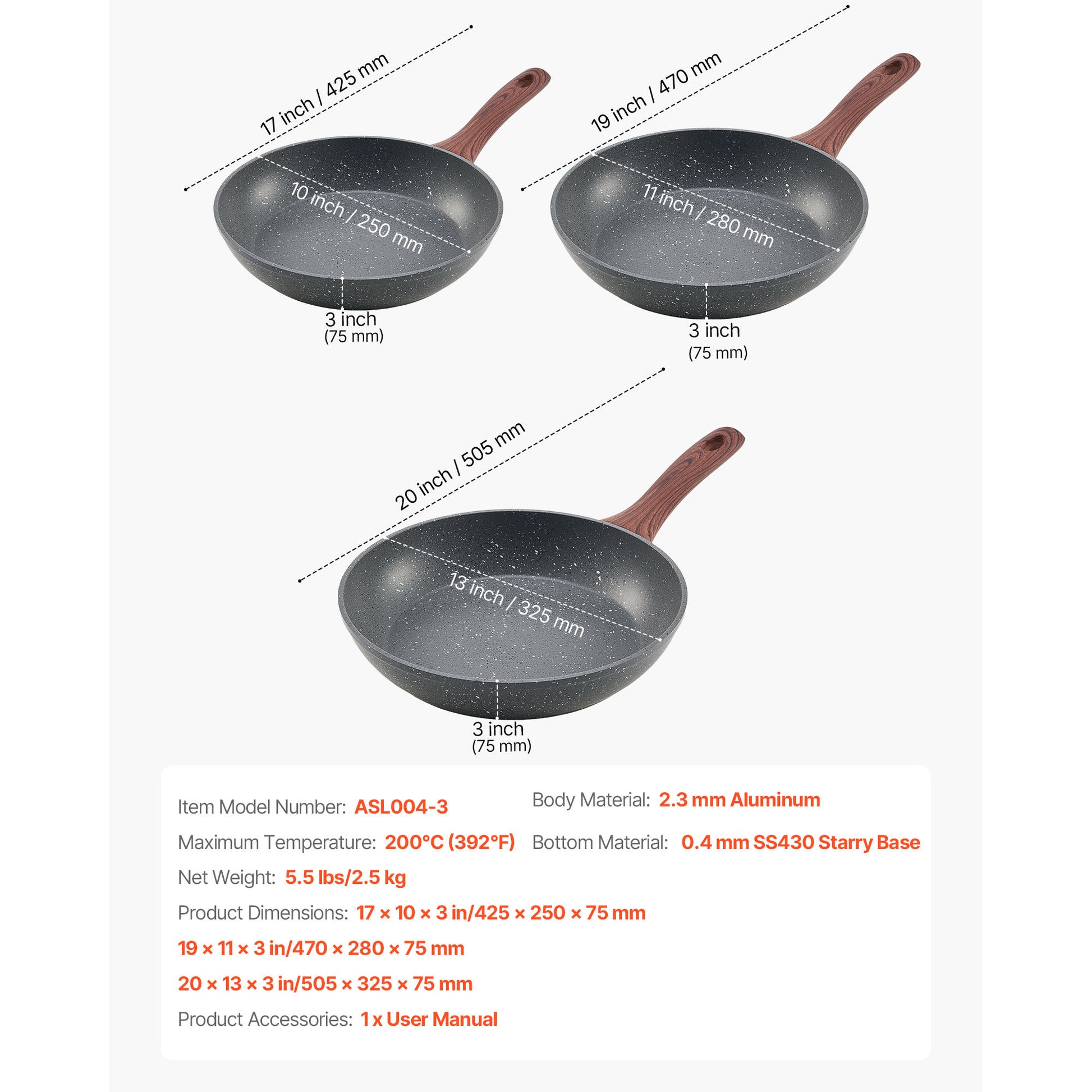 Specifications of 3 piece nonstick frying pan set including sizes, materials, and heat resistance.