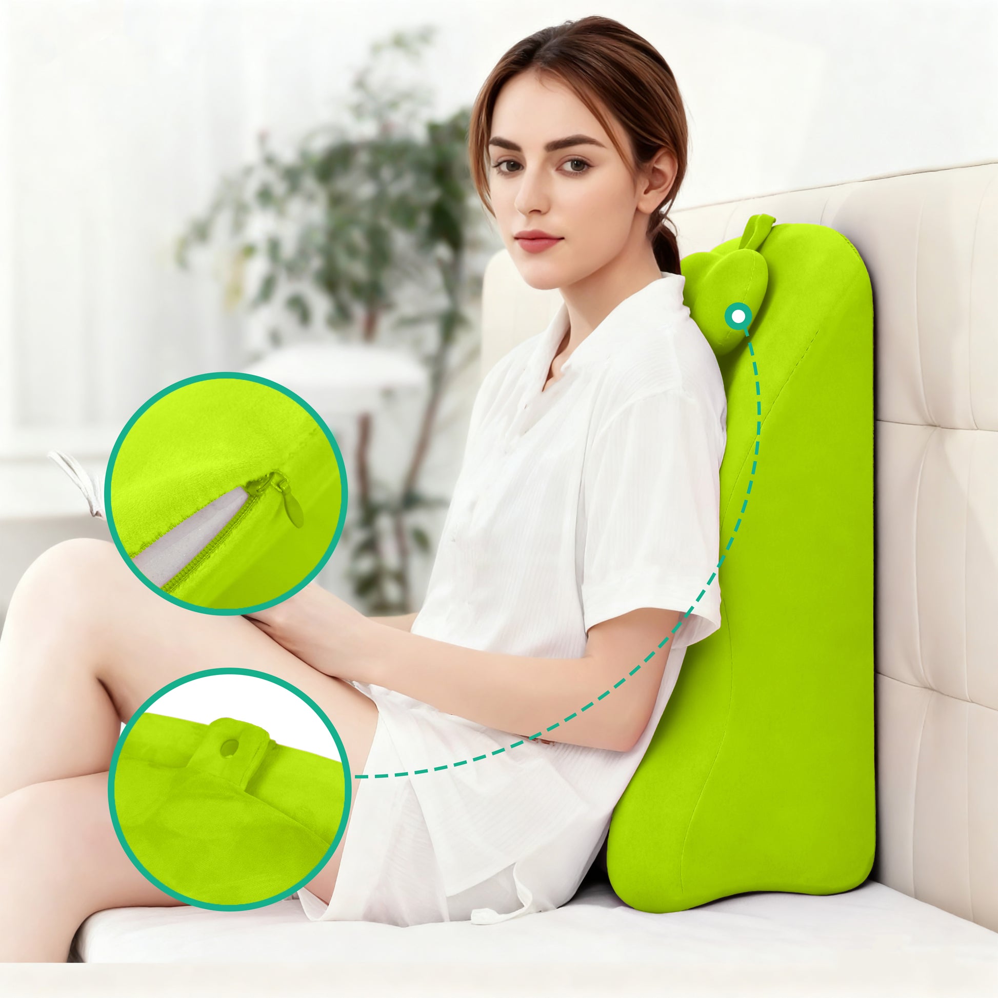 Close-up of Ergonomic Spinal Posture Support Pillow - Memory Foam showing zippered cover and ergonomic shape for multi-functional back care.