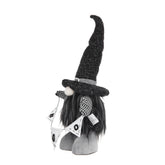 Halloween-themed gnome with a black hat on a white background