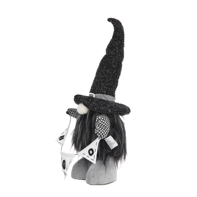 Halloween-themed gnome with a black hat on a white background