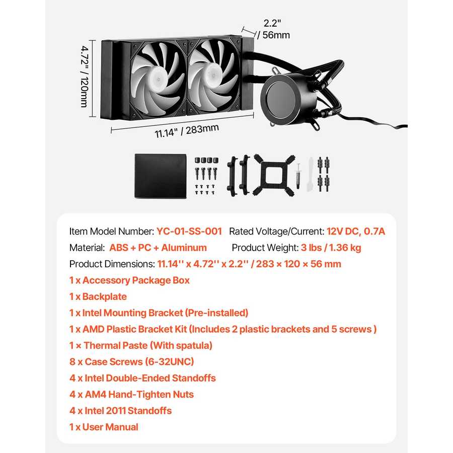Technical specifications and components of a computer cooling system on a white background