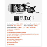 Technical specifications and components of a computer cooling system on a white background