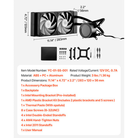 Technical specifications and components of a computer cooling system on a white background