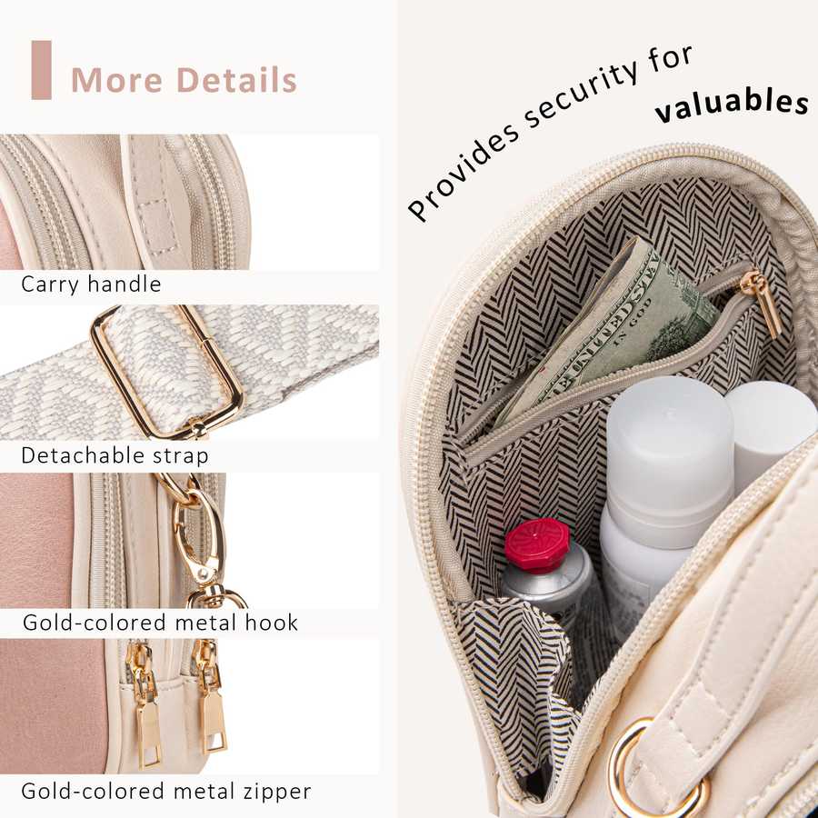Close-up of a handbag with features highlighted, including a carry handle, detachable strap, gold-colored metal hook, and zipper.