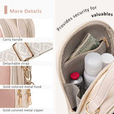Close-up of a handbag with features highlighted, including a carry handle, detachable strap, gold-colored metal hook, and zipper.