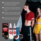 Promotional graphic for a fake blood makeup kit showing bottles, sponge, powder, and a container of dark blood on a gray background, alongside two models demonstrating blood splatter effects in a dark setting.