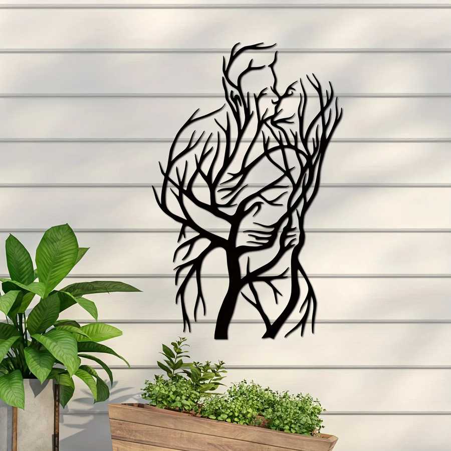 Tree of Love Wall Art metal sculpture mounted on outdoor siding, depicting a romantic couple in abstract tree form for garden decor.