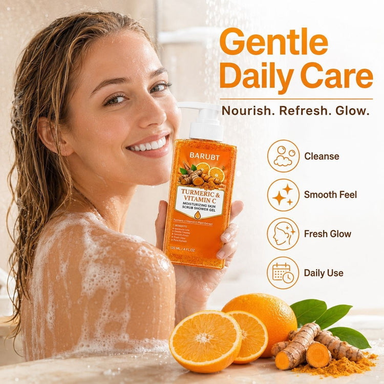 A smiling woman in a shower holds a box of BARUBT Turmeric & Vitamin C Gentle Daily Care exfoliating body wash. The image features promotional text on the right detailing benefits like &