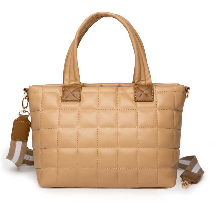 Beige quilted handbag with a strap on a white background