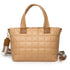 Beige quilted handbag with a strap on a white background