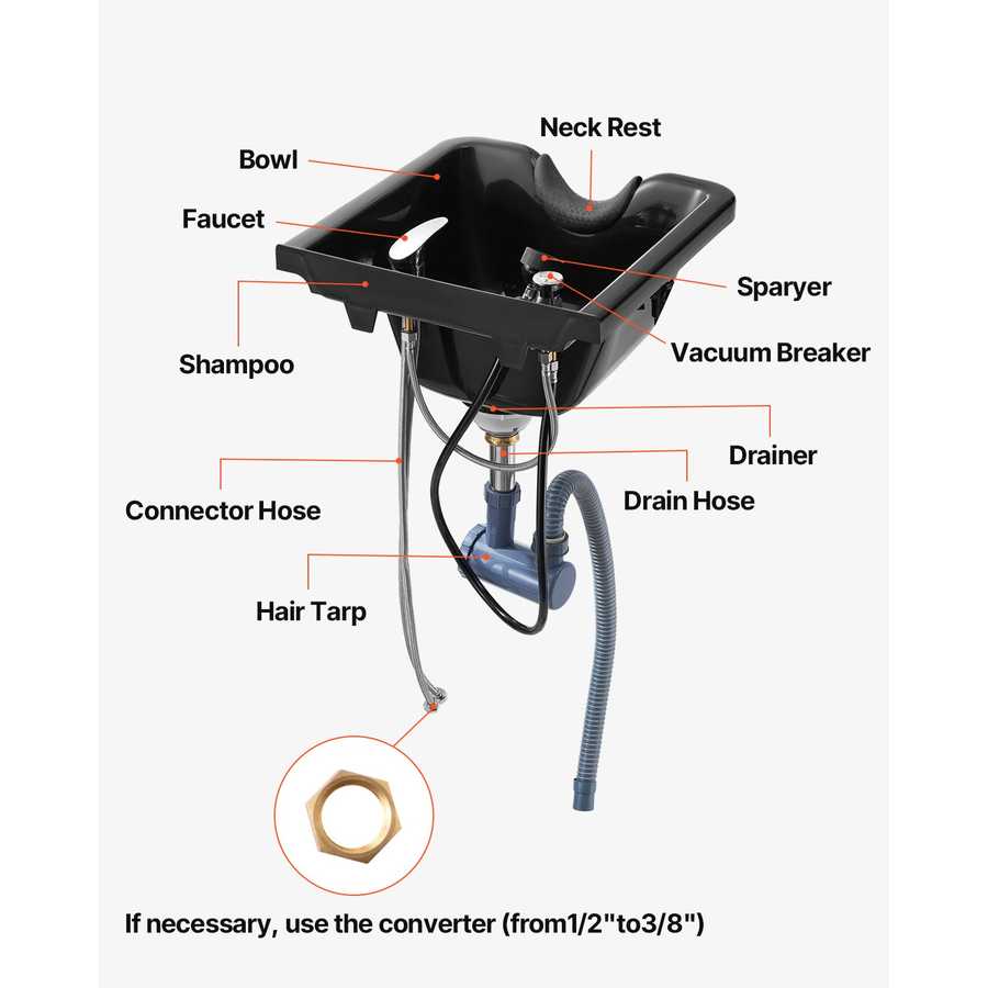 Black hair washing station with labeled parts on a white background