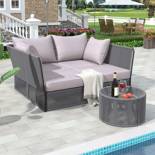 2-Piece Outdoor Sunbed and Coffee Table Set, Patio Double Chaise Lounger Loveseat Daybed with Clear Tempered Glass Table MLNshops