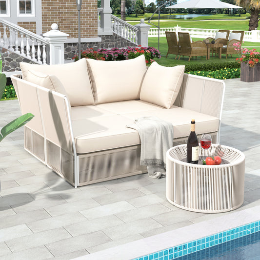 2-Piece Outdoor Sunbed and Coffee Table Set, Patio Double Chaise Lounger Loveseat Daybed with Clear Tempered Glass Table MLNshops