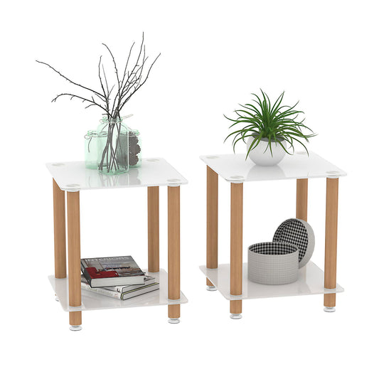 2-Tier End Table Modern Night Stand Side Table with Storage Shelve- White+Oak, 2 pcs MLNshops