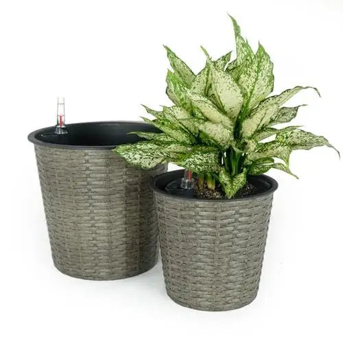 2-Pack Self-watering Wicker Decor Planter for Indoor and Outdoor - Round - Grey MLNshops]