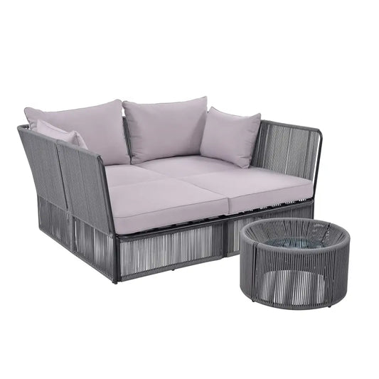 2-Piece Outdoor Sunbed and Coffee Table Set, Patio Double Chaise Lounger Loveseat Daybed with Clear Tempered Glass Table, Grey MLNshops]