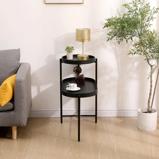 2-Tier Black Side Table with Storage Sofa Table for Living Room Metal Frame & Wooden Desk End Table MLNshops]