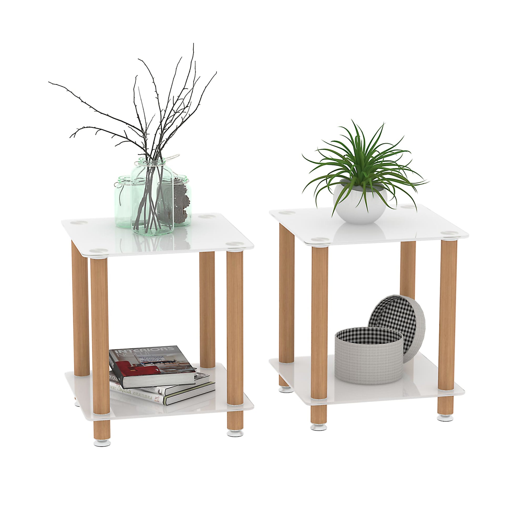 2-Tier End Table Modern Night Stand Side Table with Storage Shelve- White+Oak, 2 pcs MLNshops]