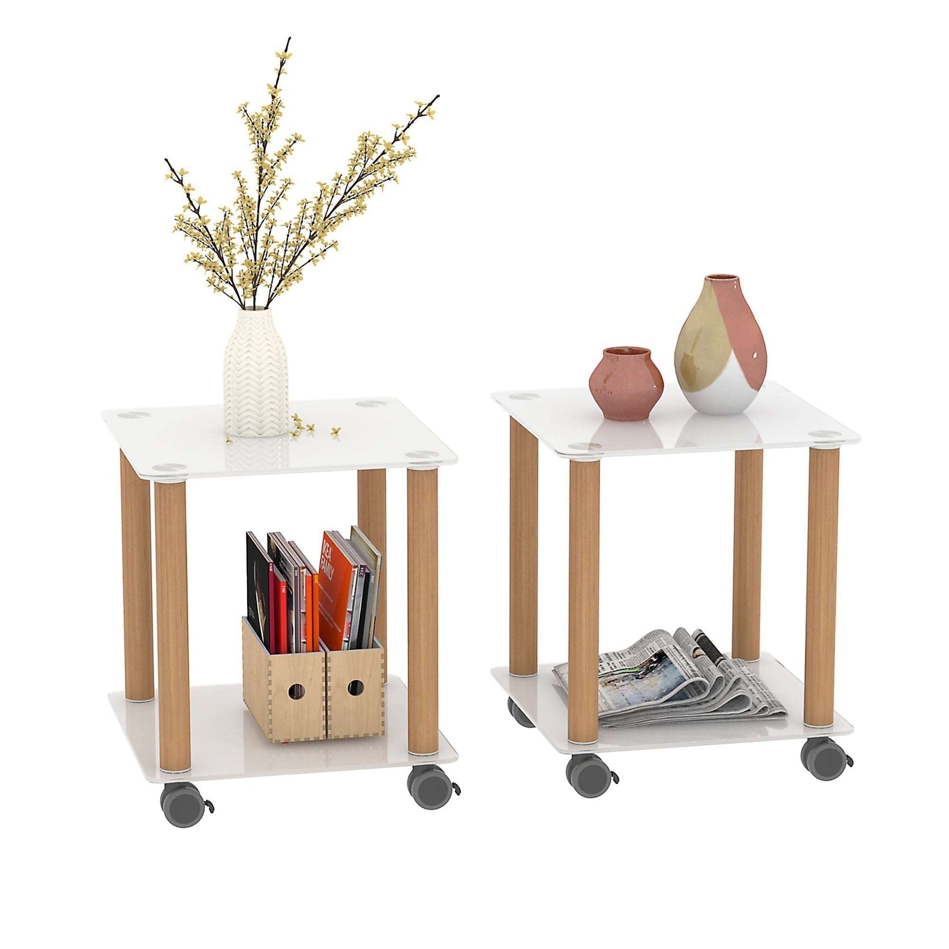 2-Tier End Table Modern Night Stand Side Table with Storage Shelve- White+Oak, 2 pcs MLNshops]