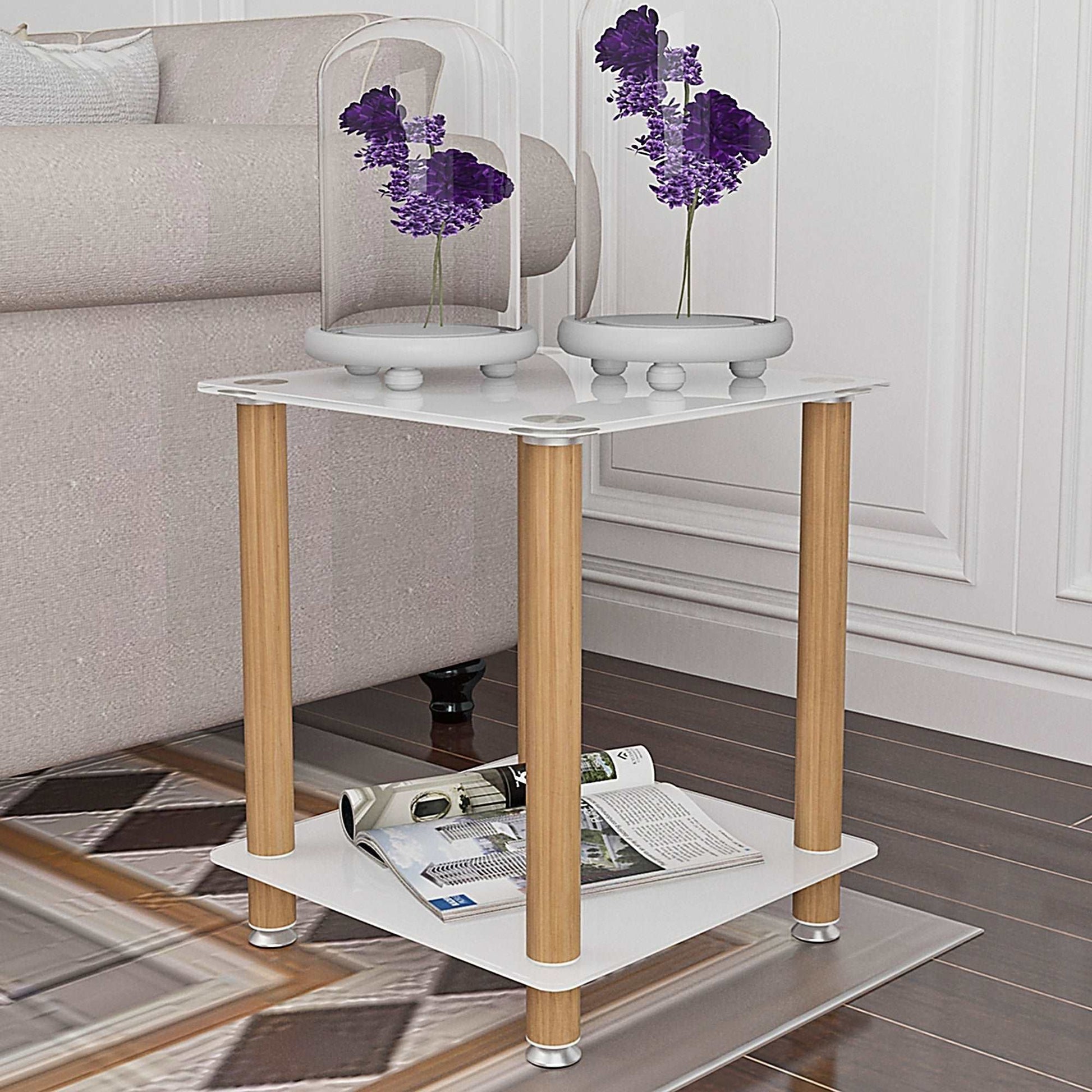 2-Tier End Table Modern Night Stand Side Table with Storage Shelve- White+Oak, 2 pcs MLNshops]