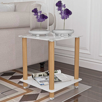 2-Tier End Table Modern Night Stand Side Table with Storage Shelve- White+Oak, 2 pcs MLNshops]