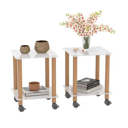 2-Tier End Table Modern Night Stand Side Table with Storage Shelve- White+Oak, 2 pcs MLNshops]