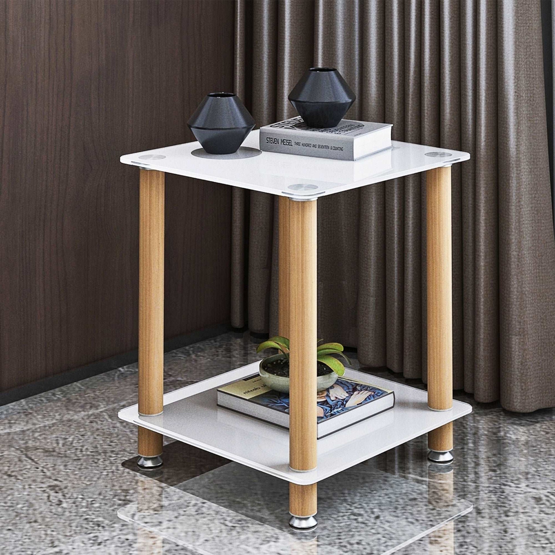 2-Tier End Table Modern Night Stand Side Table with Storage Shelve- White+Oak, 2 pcs MLNshops]