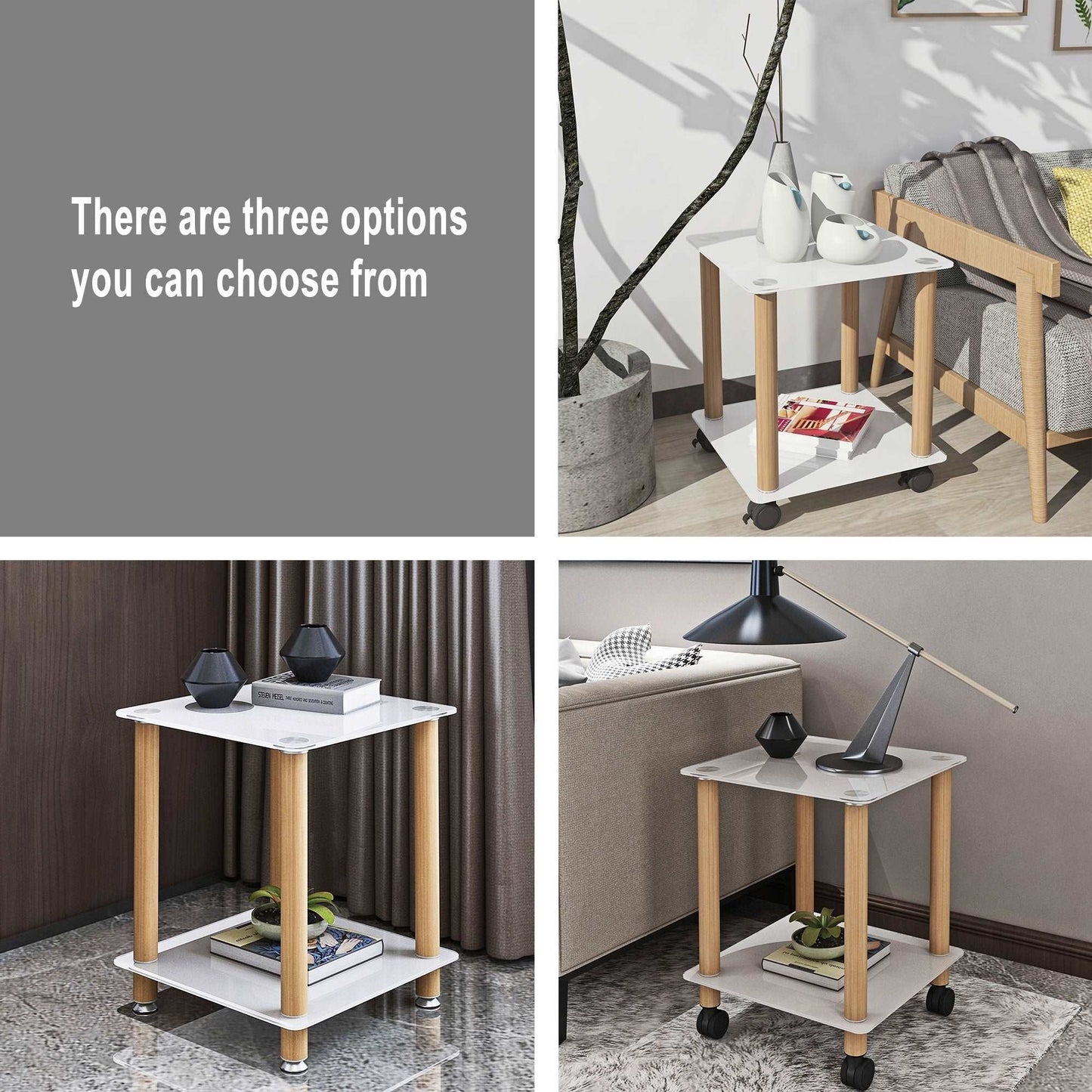 2-Tier End Table Modern Night Stand Side Table with Storage Shelve- White+Oak, 2 pcs MLNshops]