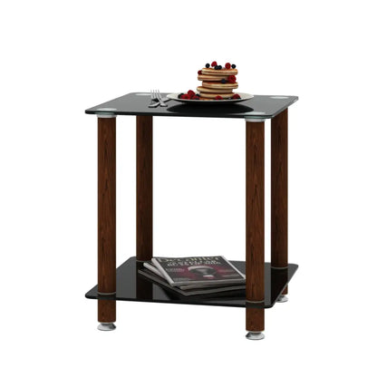 2 Tiers Space Saving End Table Modern Design Night Stand with Storage Shelve- Black+Walnut MLNshops]