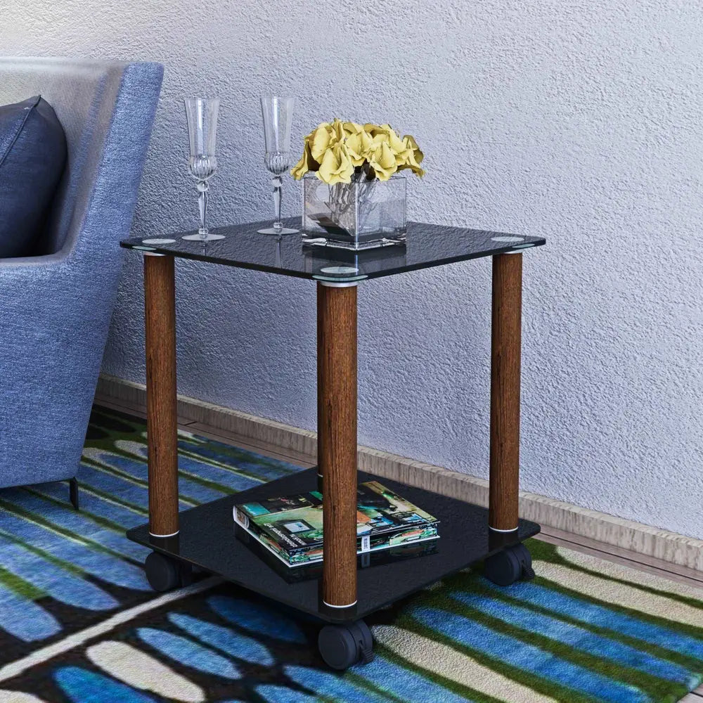 2 Tiers Space Saving End Table Modern Design Night Stand with Storage Shelve- Black+Walnut MLNshops]