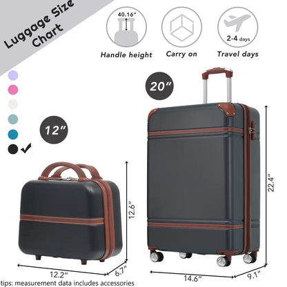 20 IN Hardside Luggage with Cosmetic Case , 2 Piece Lightweight Suitcase Set with Spinner Wheels, Carry on Vintage Luggage,Black MLNshops]