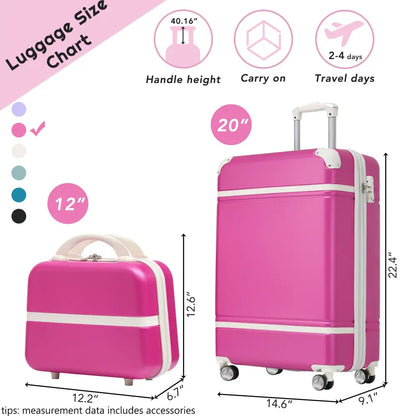 20 IN Hardside Luggage with Cosmetic Case , 2 Piece Lightweight Suitcase Set with Spinner Wheels, Carry on Vintage Luggage,Pink MLNshops]