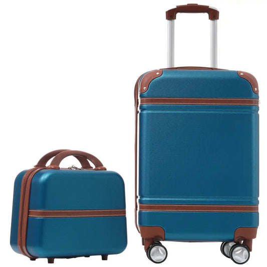 20 IN Hardside Luggage with Cosmetic Case , 2 Piece Lightweight Suitcase Set with Spinner Wheels, Carry on Vintage Luggage,Blue MLNshops]