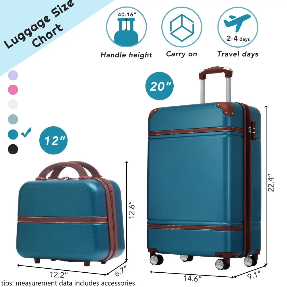 20 IN Hardside Luggage with Cosmetic Case , 2 Piece Lightweight Suitcase Set with Spinner Wheels, Carry on Vintage Luggage,Blue MLNshops]