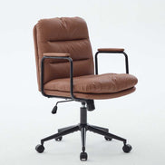 Angled side view of brown ergonomic office chair featuring padded armrests and swivel base. Designed for comfort and mobility.