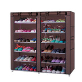 Non-woven fabric shoe rack with 6 rows and 12 lattices in brown, fully stocked with various shoes, ideal for compact shoe storage.